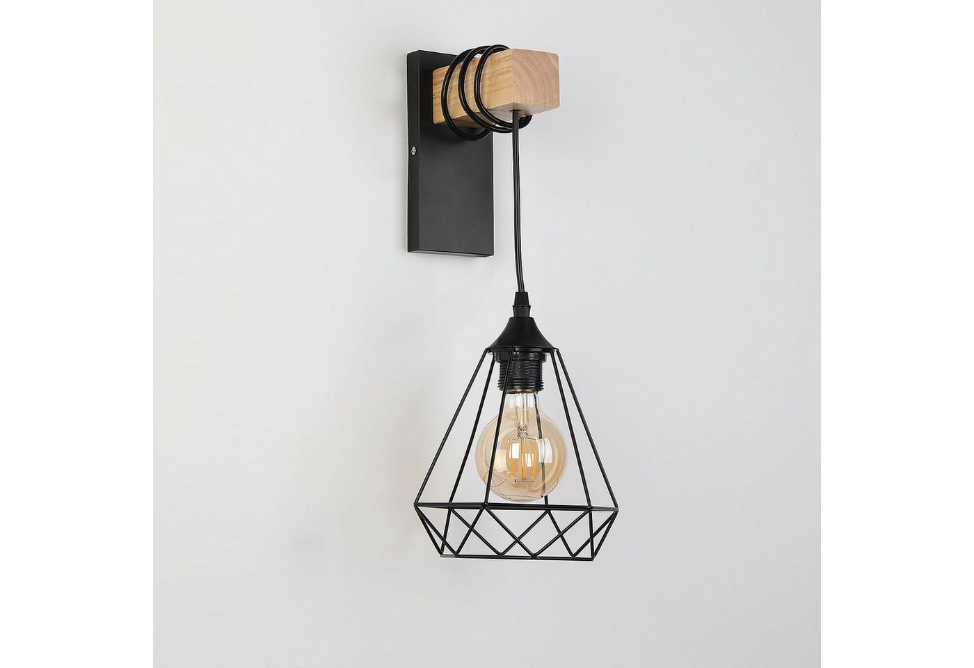 oyajia Wandleuchte Wandlampe im Industrial Design, Retro Wandleuchte aus Stahl und Holz, LED wechselbar, E27-Fassung Höhenverstellbar Pendellampe Flurleuchte ohne Leuchtmittel Bild 2