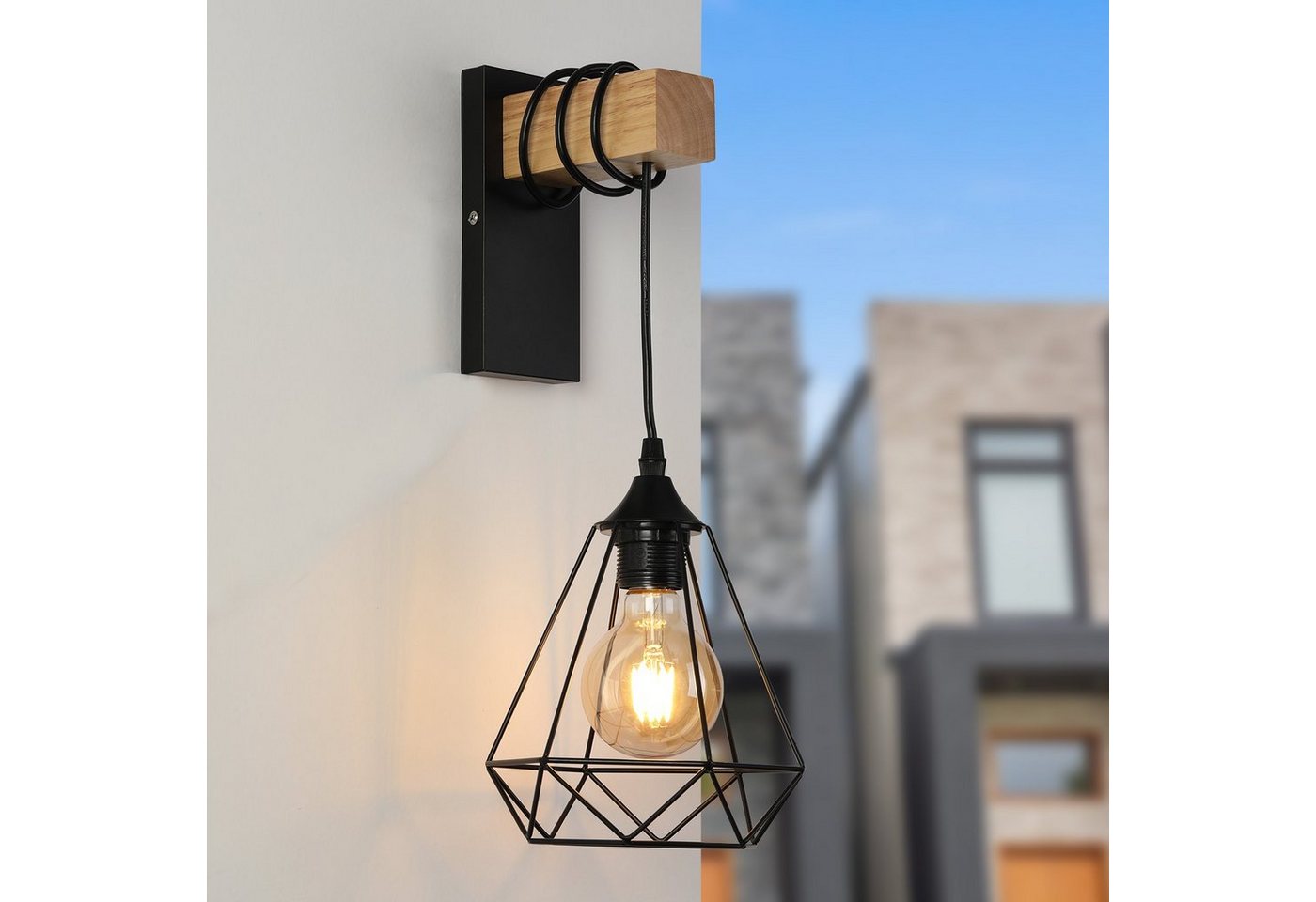 oyajia Wandleuchte Wandlampe im Industrial Design, Retro Wandleuchte aus Stahl und Holz, LED wechselbar, E27-Fassung Höhenverstellbar Pendellampe Flurleuchte ohne Leuchtmittel Bild 4