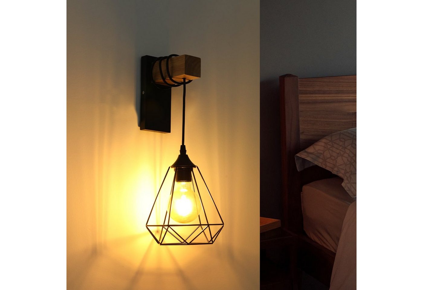 oyajia Wandleuchte Wandlampe im Industrial Design, Retro Wandleuchte aus Stahl und Holz, LED wechselbar, E27-Fassung Höhenverstellbar Pendellampe Flurleuchte ohne Leuchtmittel Bild 5
