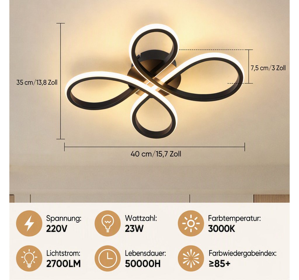 BlingBin LED Deckenleuchte 40cm DeckenLampe 23W warmweiß 2300LM Schwarz, 35Lx40Bx7,5Hcm, LED fest integriert, Modern Deckenlampe 3000K für Wohnzimmer Küche Flur Bild 5