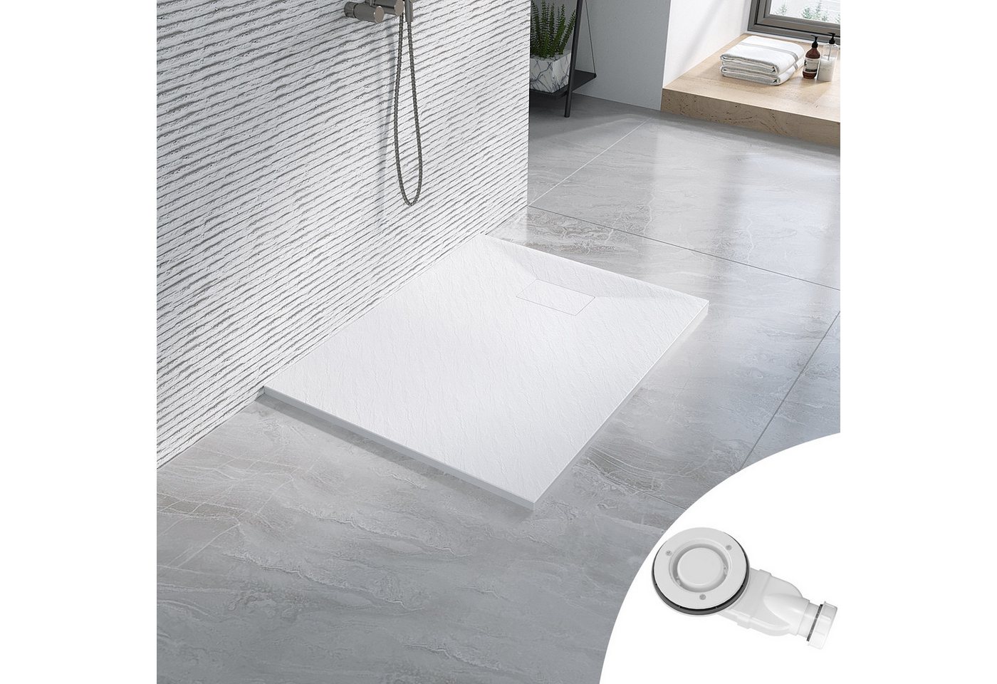 AQUABATOS Rechteckduschwanne Duschwanne 100x80 SMC Duschtasse Eckduschwanne Brausewanne, mit Ablaufgarnitur,weiß/schwarz,Anti-Rutsch,Zuschneidbar,Steinoptik,superflach,bodenebene Montage,Rechteck