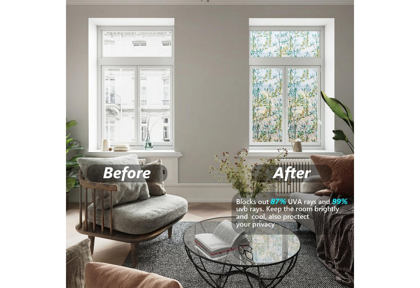 Coonoor Fensterfolie Sichtschutzfolie für Fenster, Fensterfolie 3D, ohne Kleber, Glasaufkleber für Glastüren, Zuhause und Büro, Anti-UV Bild 3