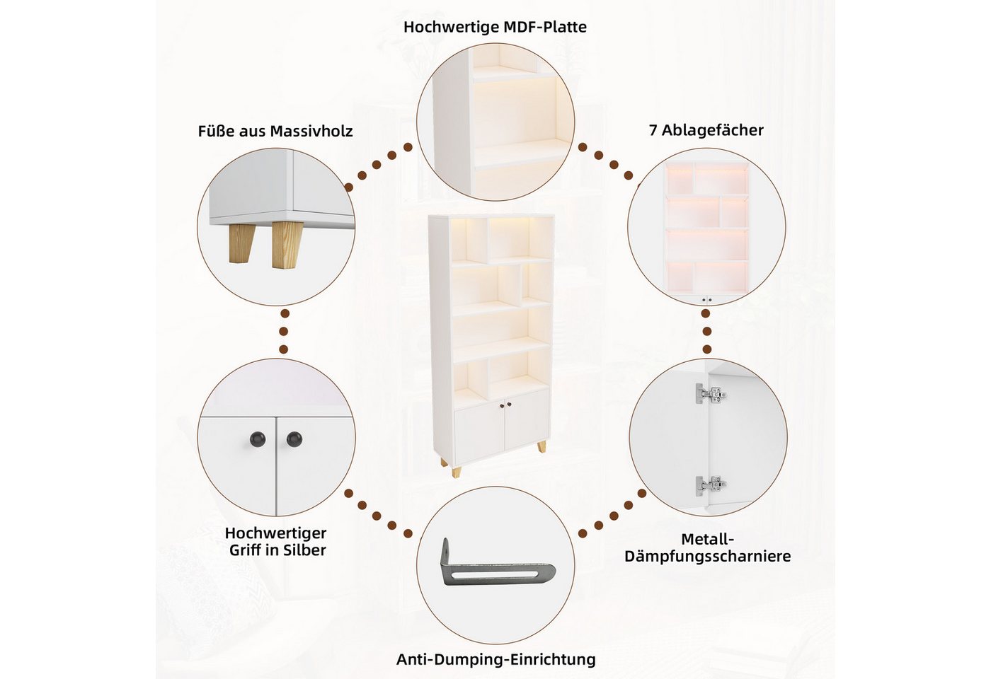 Merax Bücherregal Bücherschrank mit LED-Ambientebeleuchtung, 80x30x173 cm 1-tlg., Aufbewahrungschrank mit 7 Fächern, Doppeltüren und Massivholzbeinen