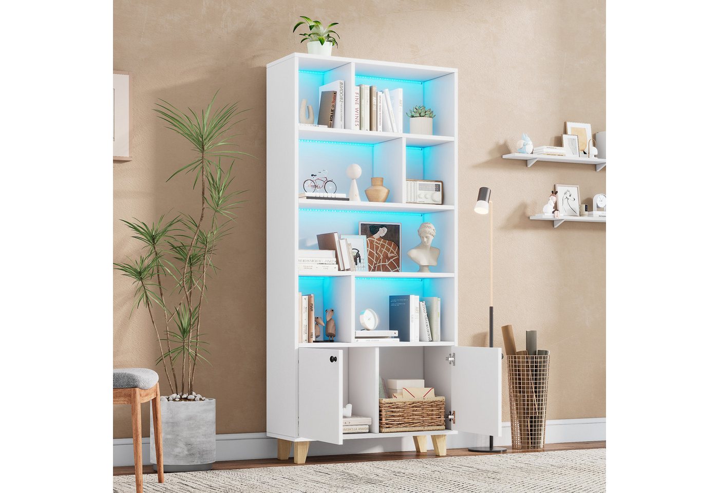 Merax Bücherregal Bücherschrank mit LED-Ambientebeleuchtung, 80x30x173 cm 1-tlg., Aufbewahrungschrank mit 7 Fächern, Doppeltüren und Massivholzbeinen Bild 2