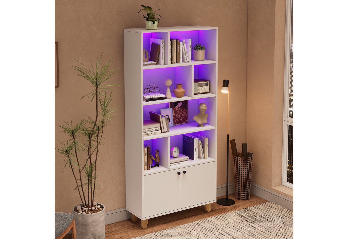 Merax Bücherregal Bücherschrank mit LED-Ambientebeleuchtung, 80x30x173 cm 1-tlg., Aufbewahrungschrank mit 7 Fächern, Doppeltüren und Massivholzbeinen Bild 3
