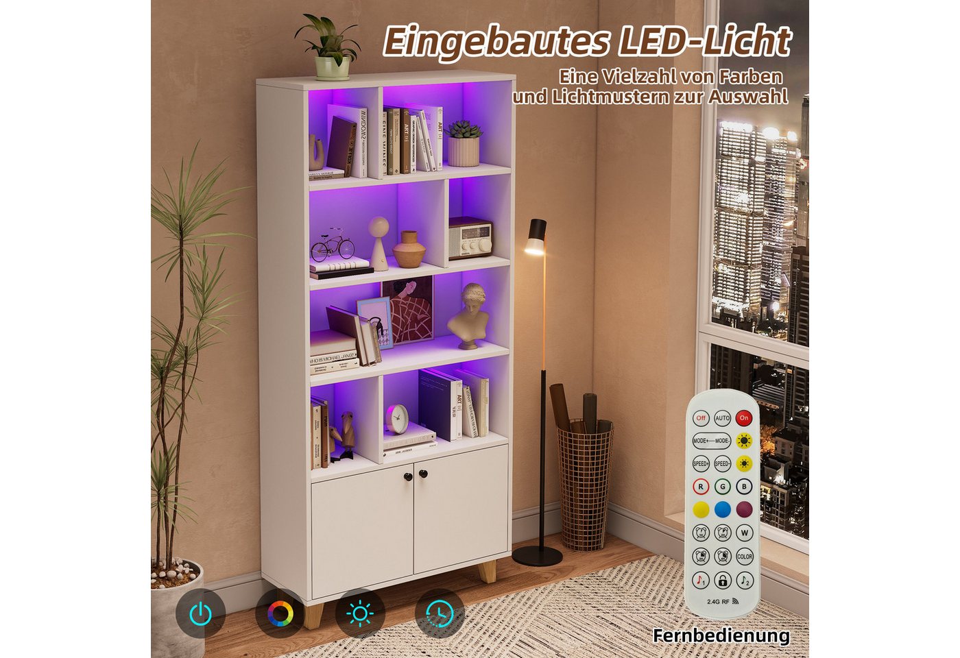 Merax Bücherregal Bücherschrank mit LED-Ambientebeleuchtung, 80x30x173 cm 1-tlg., Aufbewahrungschrank mit 7 Fächern, Doppeltüren und Massivholzbeinen Bild 4