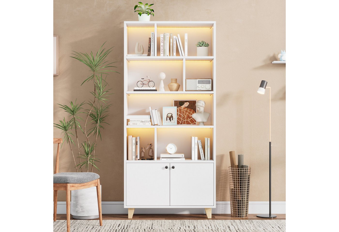Merax Bücherregal Bücherschrank mit LED-Ambientebeleuchtung, 80x30x173 cm 1-tlg., Aufbewahrungschrank mit 7 Fächern, Doppeltüren und Massivholzbeinen Bild 5