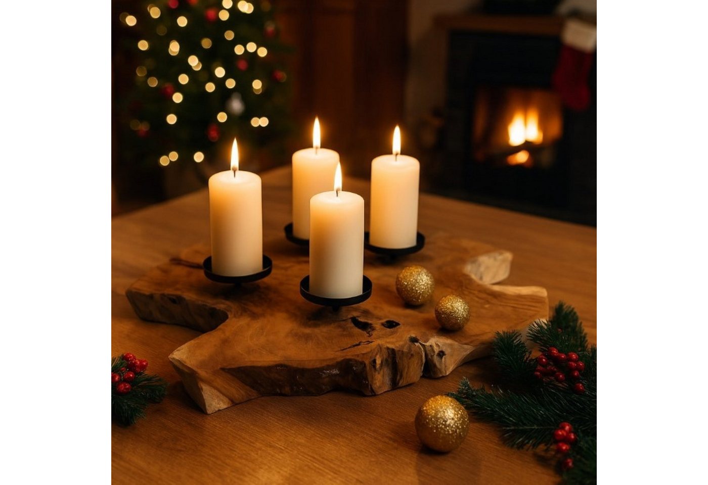 Online-Fuchs Adventskranz aus rustikalem Teakholz mit schwarzen Kerzenhaltern aus Metall, modern und natürlich für Ihre Weihnachtsdekoration Bild 2