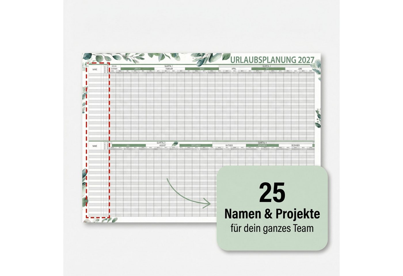 TOBJA Wandkalender Urlaubsplaner 2027 A2 Wandplaner 25 Mitarbeiter Eukalyptus, Urlaubskalender Mitarbeiterplaner Dienstplan Projektplaner Bild 3