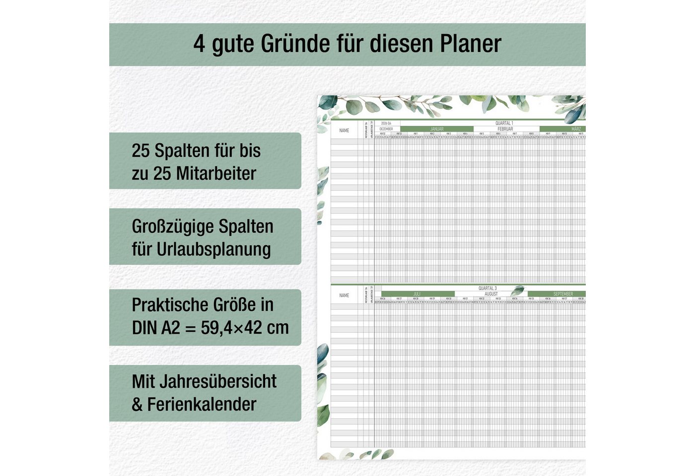 TOBJA Wandkalender Urlaubsplaner 2027 A2 Wandplaner 25 Mitarbeiter Eukalyptus, Urlaubskalender Mitarbeiterplaner Dienstplan Projektplaner Bild 4