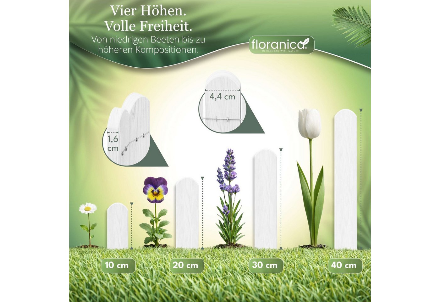 Floranica Palisade Rasenkante Beeteinfassung Beetumrandung Rollzaun Holzzaun Gartenzaun, LxH: 100x10 cm, Weiß, Dekozaun Umzäunung für Garten Blumenbeetee Wege Rasenbegrenzung