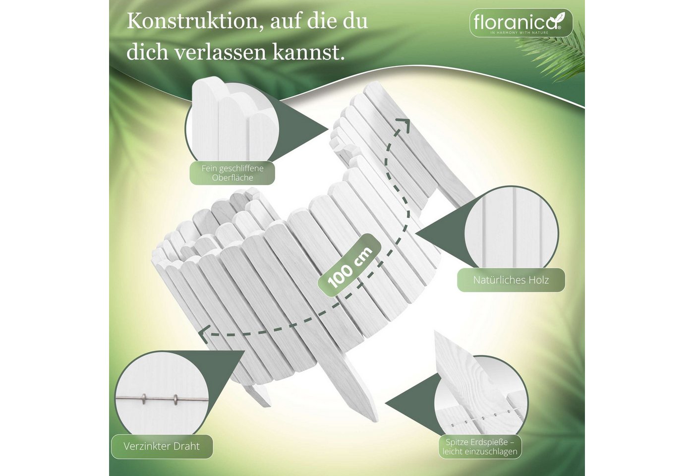 Floranica Palisade Rasenkante Beeteinfassung Beetumrandung Rollzaun Holzzaun Gartenzaun, LxH: 100x10 cm, Weiß, Dekozaun Umzäunung für Garten Blumenbeetee Wege Rasenbegrenzung Bild 2