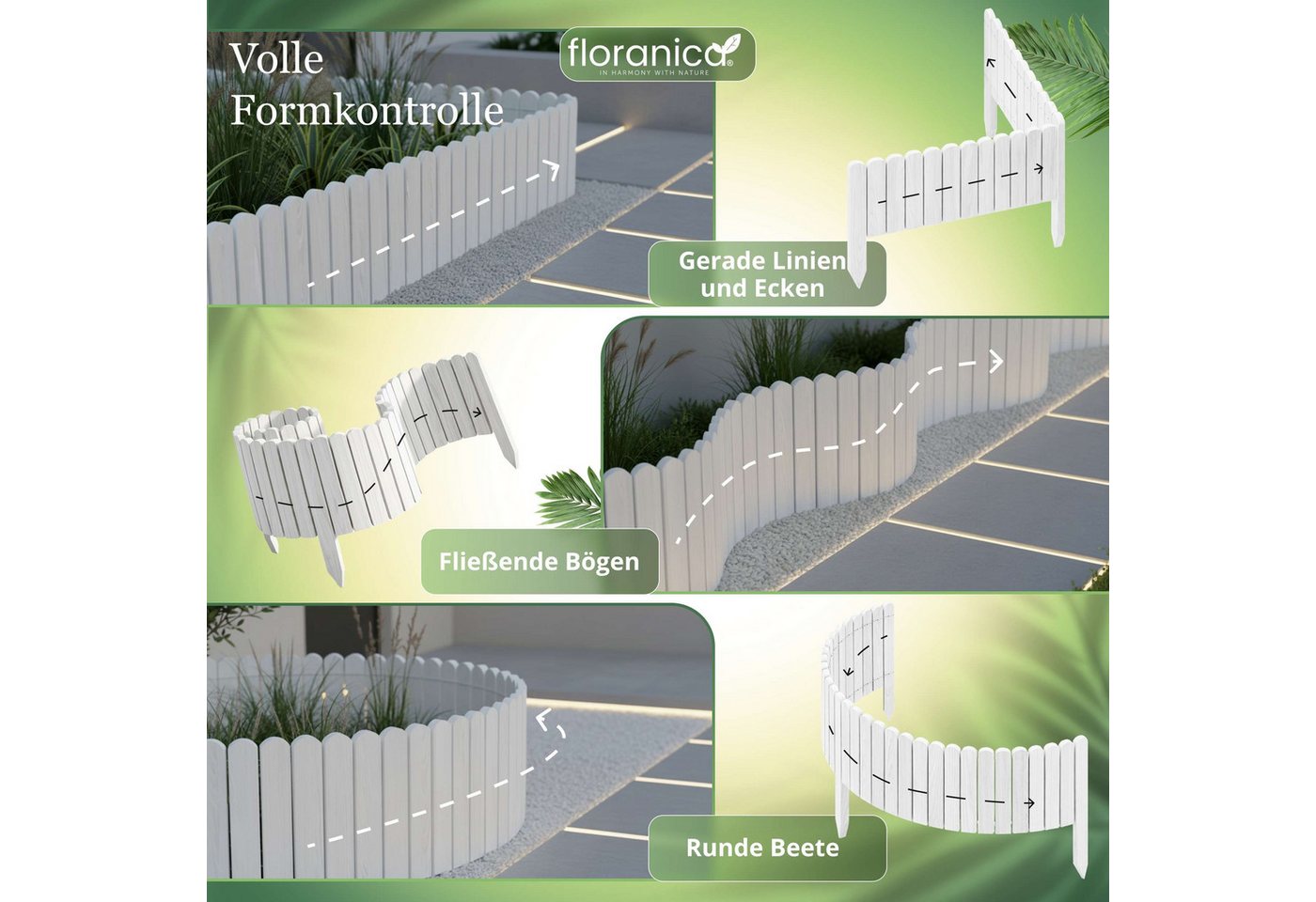 Floranica Palisade Rasenkante Beeteinfassung Beetumrandung Rollzaun Holzzaun Gartenzaun, LxH: 100x10 cm, Weiß, Dekozaun Umzäunung für Garten Blumenbeetee Wege Rasenbegrenzung Bild 5