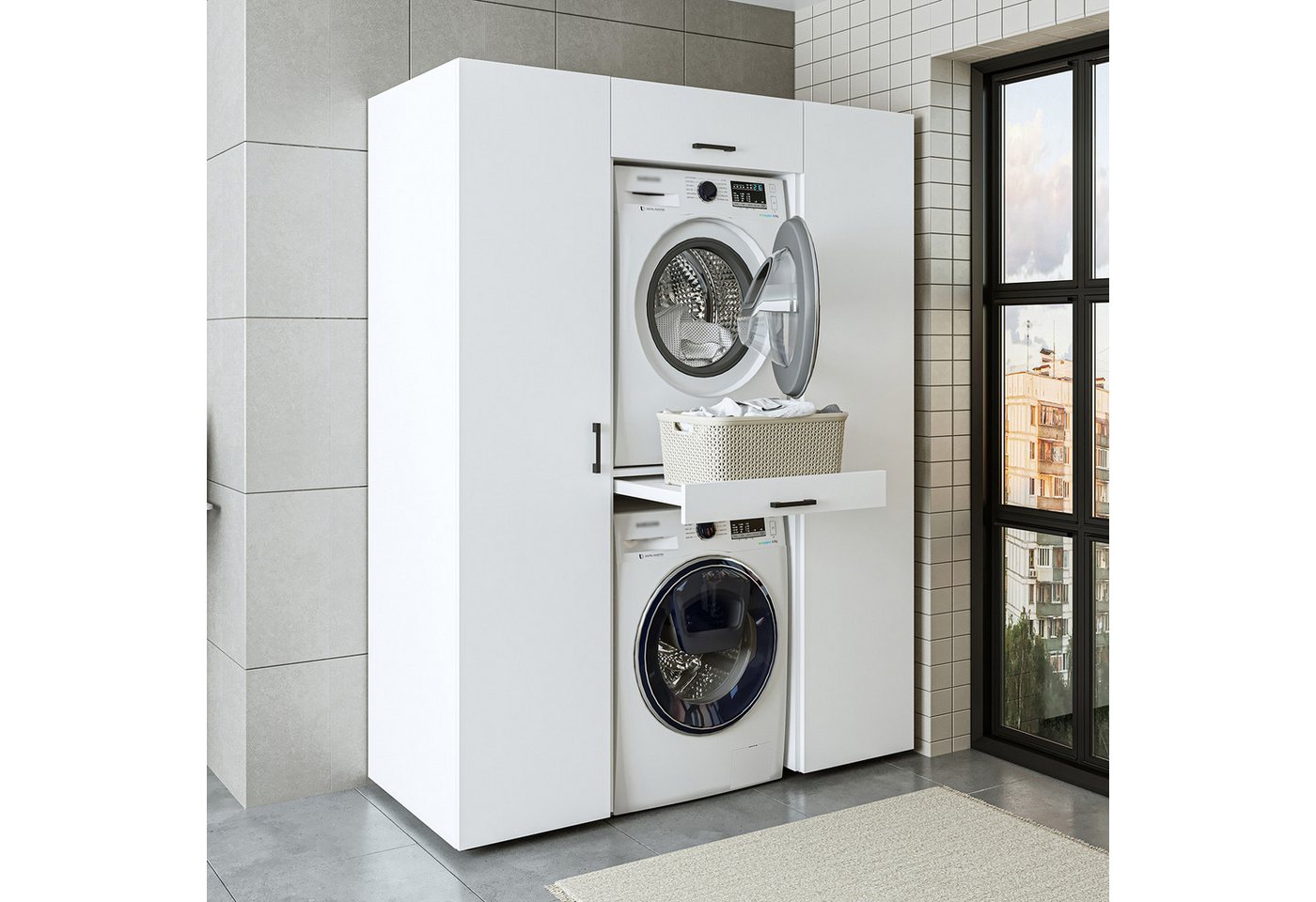 Roomart Waschbeckenunterschrank Waschmaschinenschrank 157 cm – für Waschmaschine & Trockner (Set) Waschmaschine & Trockner übereinander, Ausziehbrett, Schublade