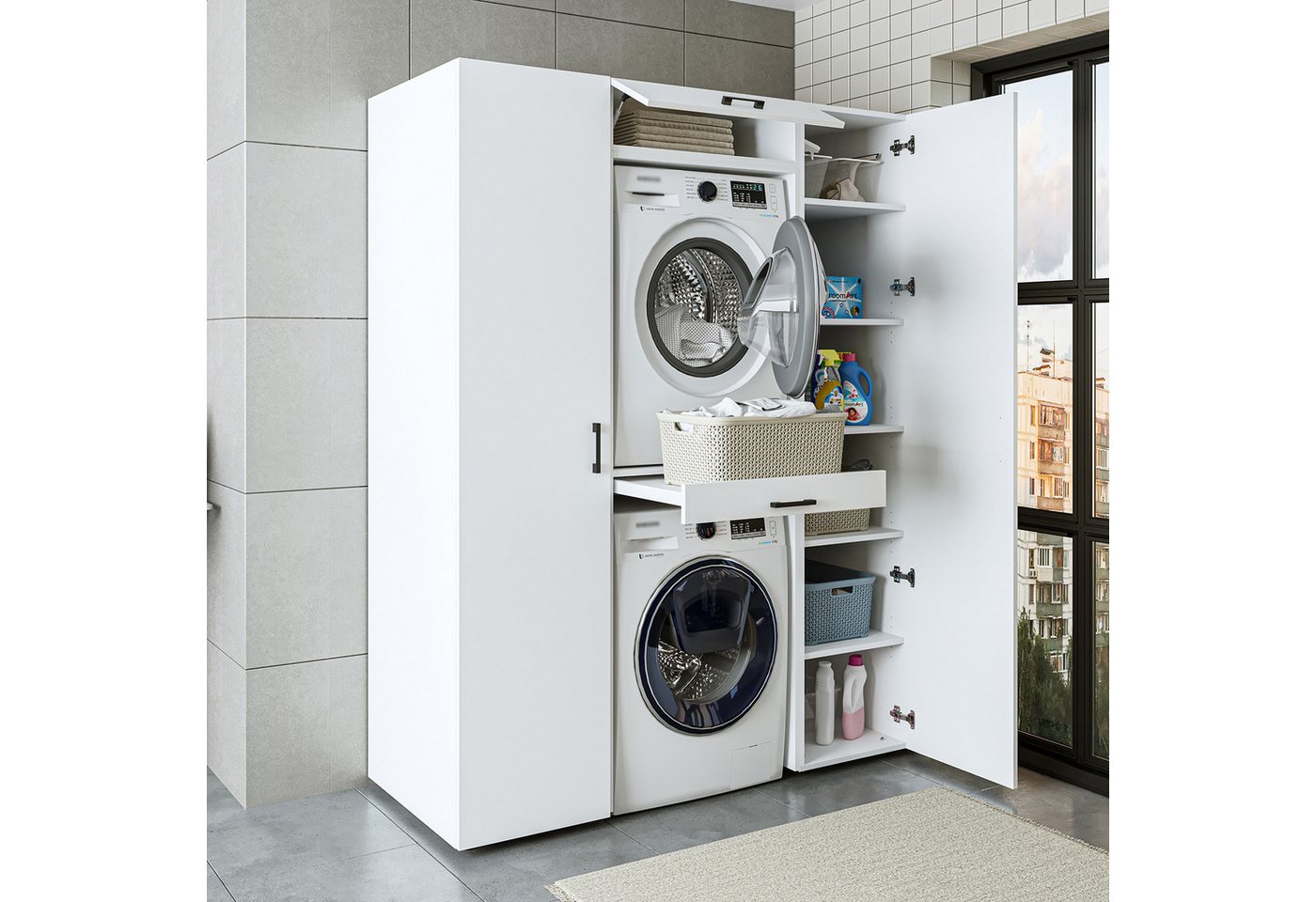Roomart Waschbeckenunterschrank Waschmaschinenschrank 157 cm – für Waschmaschine & Trockner (Set) Waschmaschine & Trockner übereinander, Ausziehbrett, Schublade Bild 2