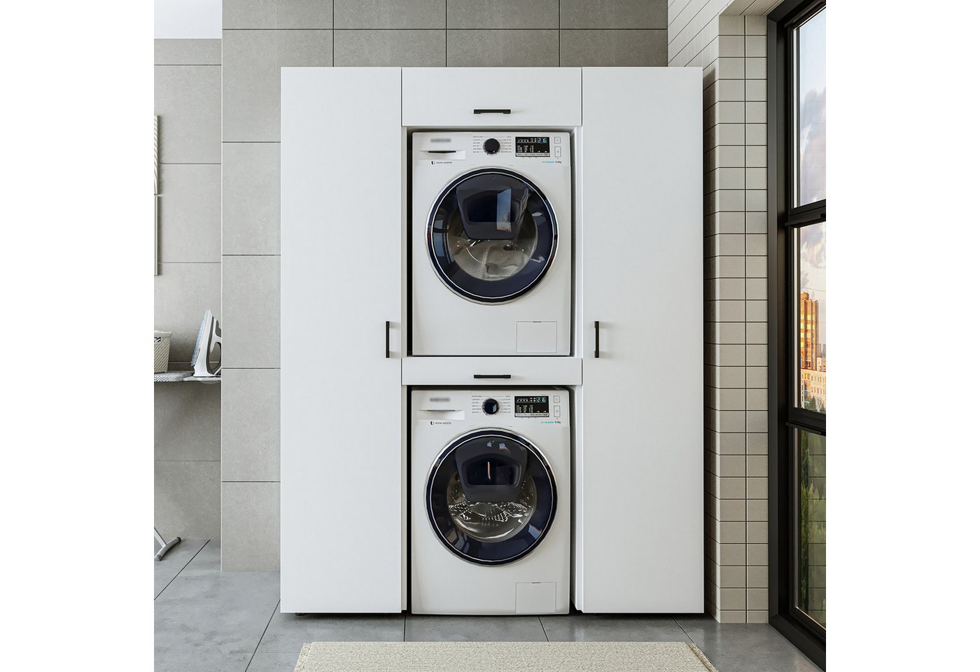 Roomart Waschbeckenunterschrank Waschmaschinenschrank 157 cm – für Waschmaschine & Trockner (Set) Waschmaschine & Trockner übereinander, Ausziehbrett, Schublade Bild 3