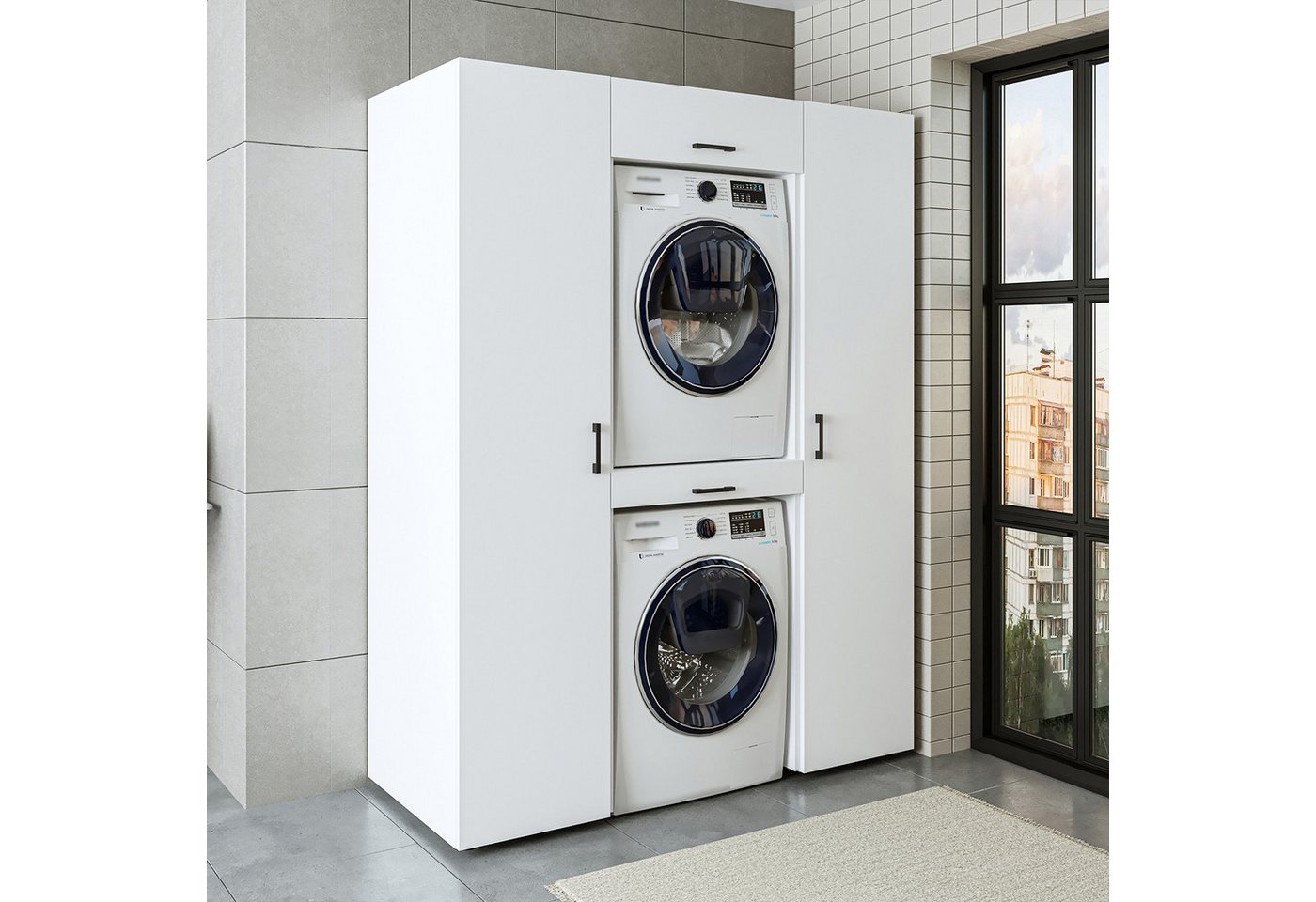 Roomart Waschbeckenunterschrank Waschmaschinenschrank 157 cm – für Waschmaschine & Trockner (Set) Waschmaschine & Trockner übereinander, Ausziehbrett, Schublade Bild 5