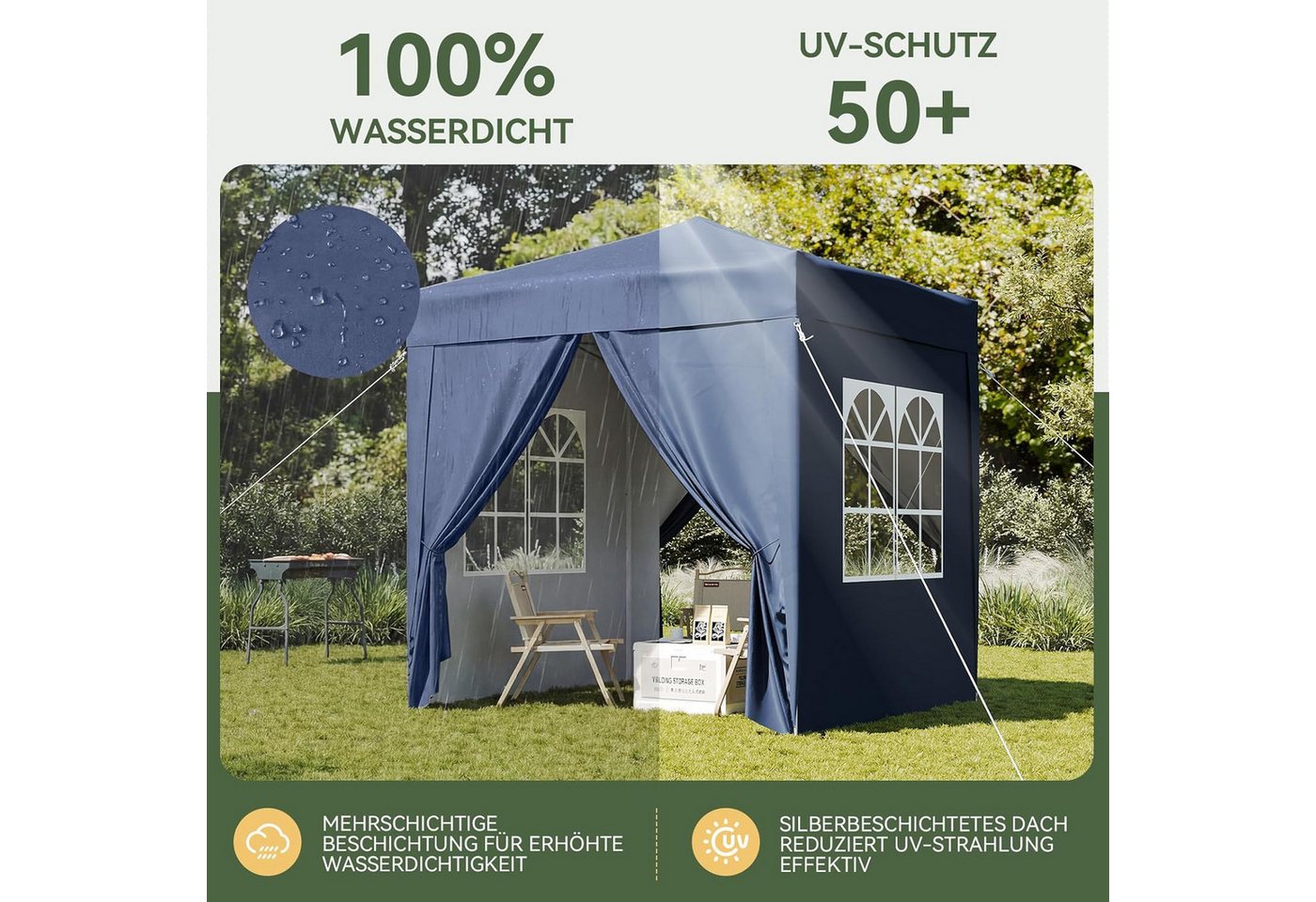 AOXUN Pavillon 2x2m Wasserdicht mit 4 Seitenwänden,Grau, für individuell anpassbare Belüftung, in drei Höhen verstellbar Bild 2