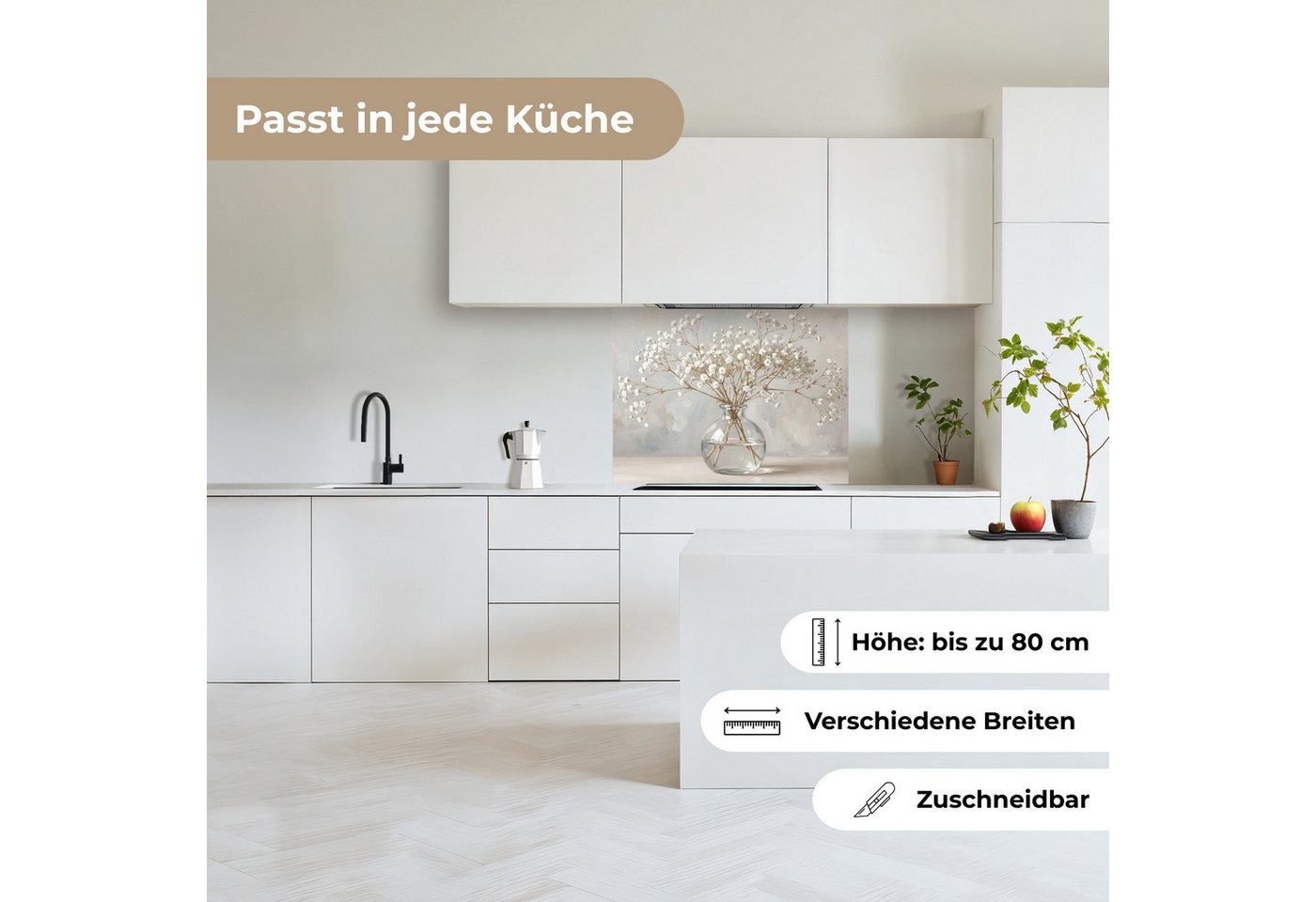 KitchenYeah Küchenrückwand selbstklebend (keine Folie) Vase - Gipskraut - Weiß, (1-tlg), Spritzschutz, Küche, Rückwand, Küchenwand, Küchenfront, 80x60 cm