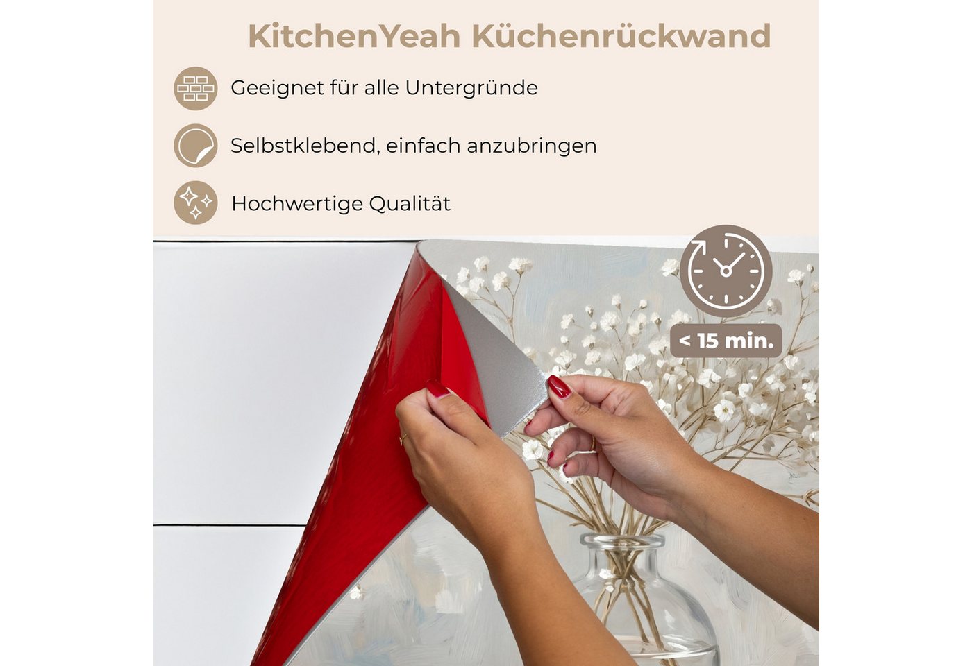 KitchenYeah Küchenrückwand selbstklebend (keine Folie) Vase - Gipskraut - Weiß, (1-tlg), Spritzschutz, Küche, Rückwand, Küchenwand, Küchenfront, 80x60 cm Bild 3