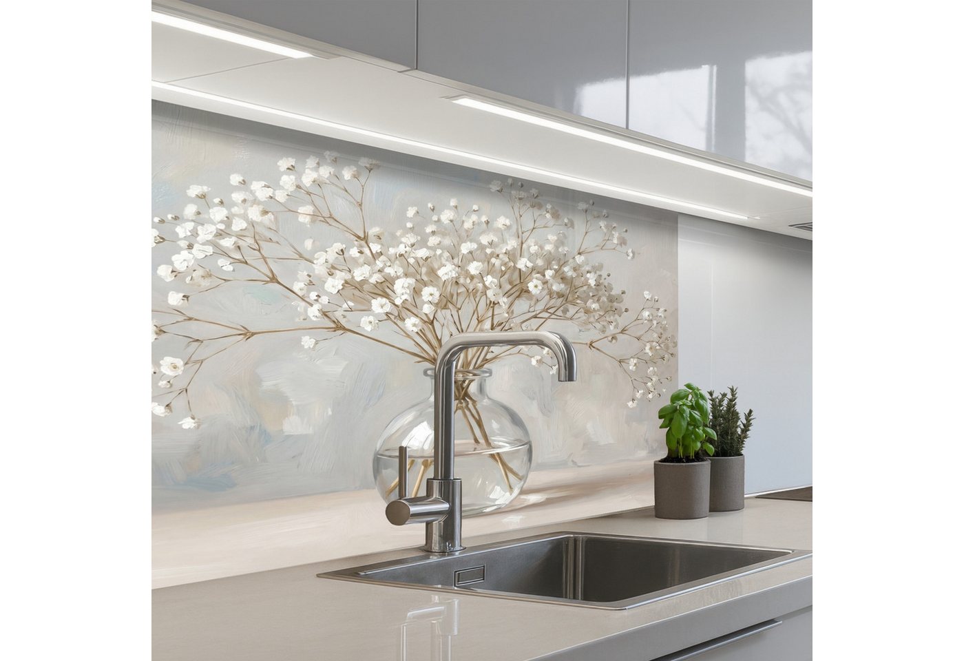 KitchenYeah Küchenrückwand selbstklebend (keine Folie) Vase - Gipskraut - Weiß, (1-tlg), Spritzschutz, Küche, Rückwand, Küchenwand, Küchenfront, 80x60 cm Bild 5