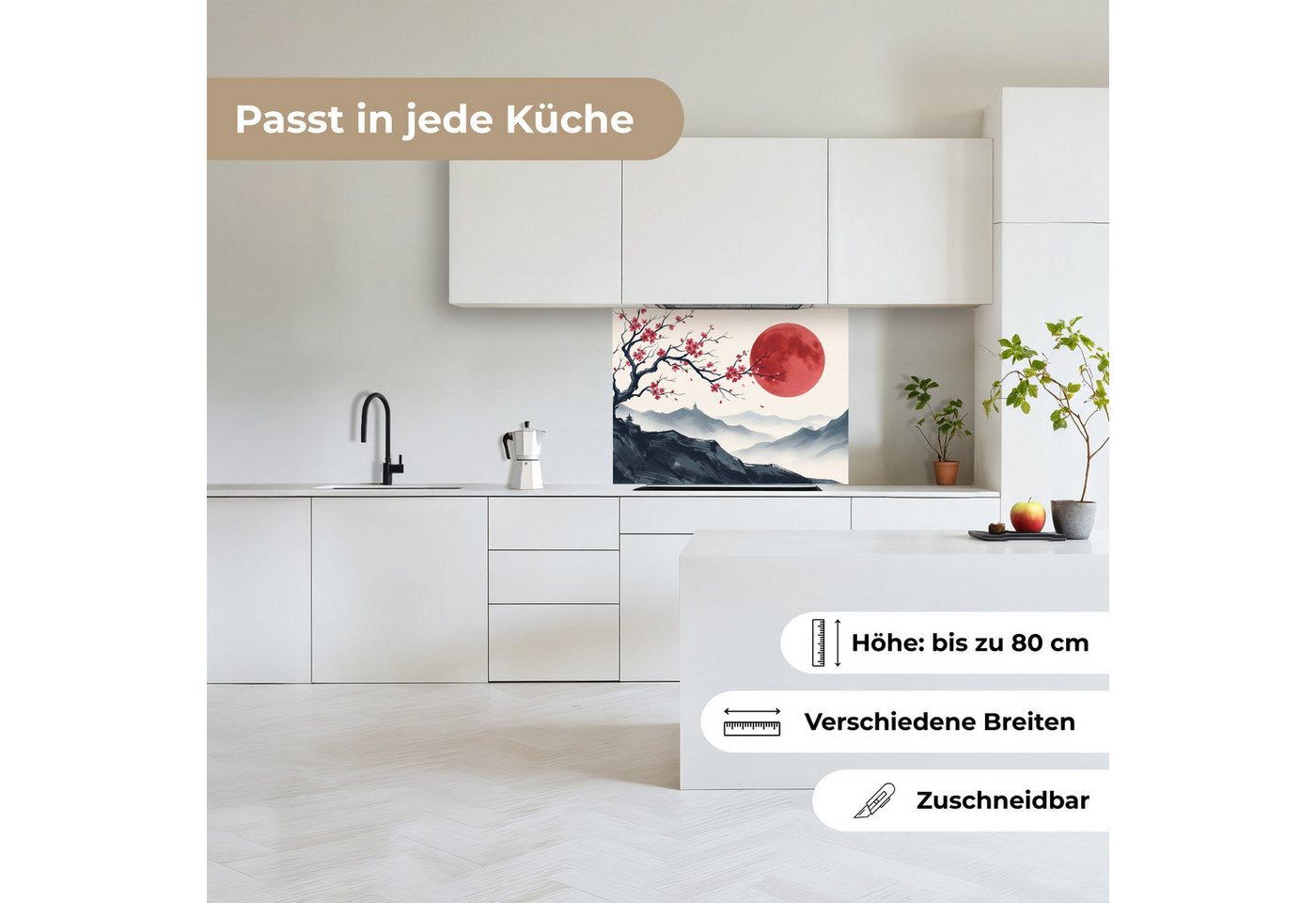 KitchenYeah Küchenrückwand selbstklebend (keine Folie) Kirschblüte - Orientalisch - Rot, (1-tlg), Spritzschutz, Küche, Rückwand, Küchenwand, Küchenfront, 80x60 cm