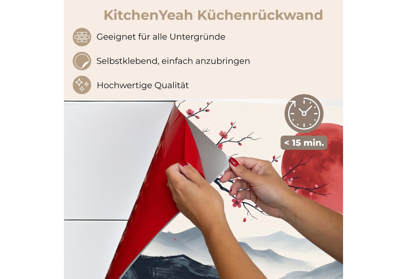 KitchenYeah Küchenrückwand selbstklebend (keine Folie) Kirschblüte - Orientalisch - Rot, (1-tlg), Spritzschutz, Küche, Rückwand, Küchenwand, Küchenfront, 80x60 cm Bild 3