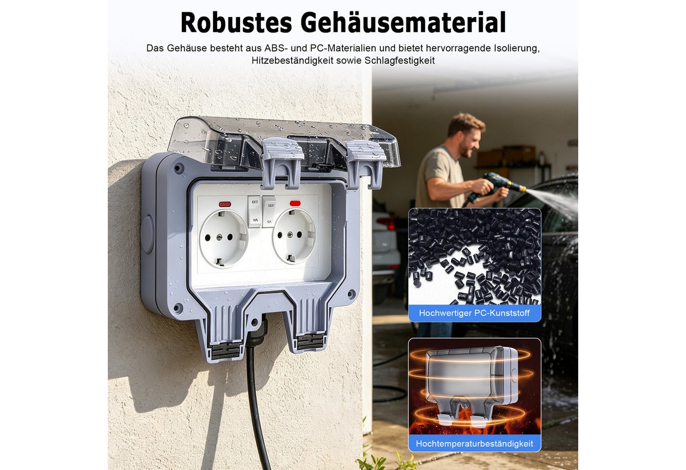 AKKEE Gartensteckdose Außensteckdose Steckdose Garten IP66 Wasserdicht Mit 3M Kabel, 2 Fach Outdoor 16A Gartensteckdose mit Klappdeckel