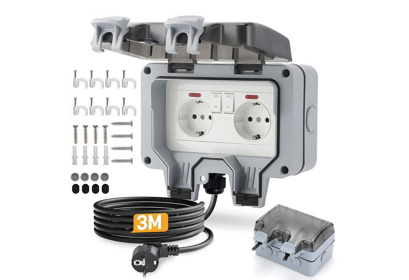 AKKEE Gartensteckdose Außensteckdose Steckdose Garten IP66 Wasserdicht Mit 3M Kabel, 2 Fach Outdoor 16A Gartensteckdose mit Klappdeckel Bild 2