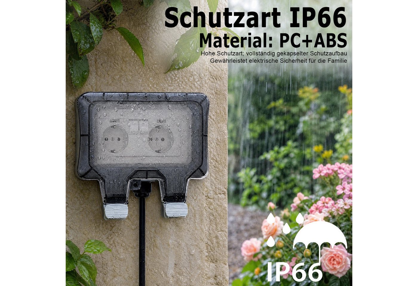 AKKEE Gartensteckdose Außensteckdose Steckdose Garten IP66 Wasserdicht Mit 3M Kabel, 2 Fach Outdoor 16A Gartensteckdose mit Klappdeckel Bild 3