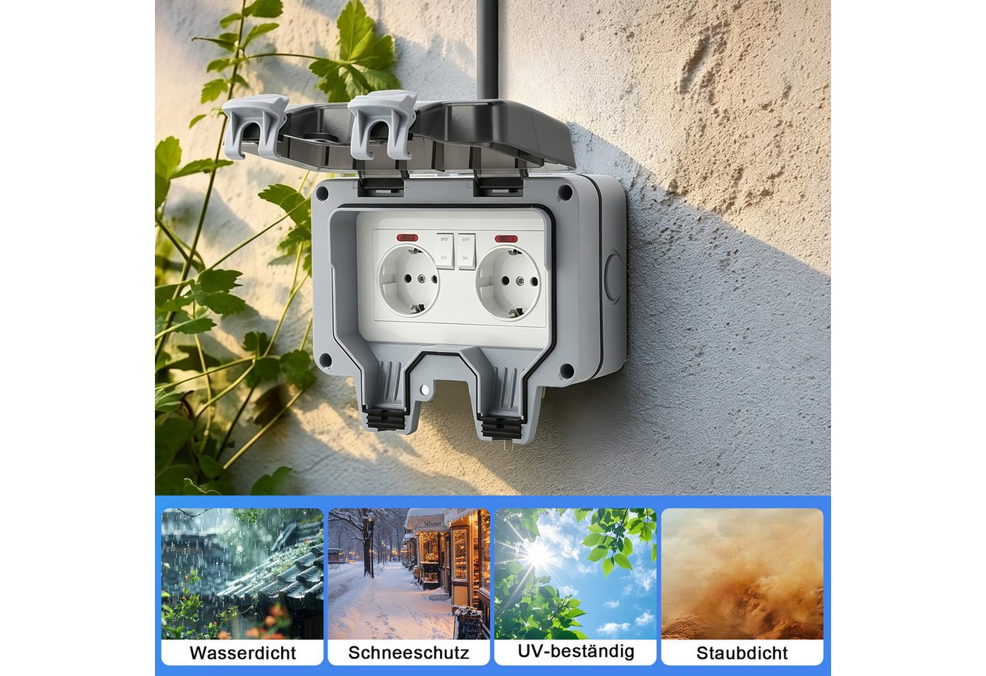 AKKEE Gartensteckdose Außensteckdose Steckdose Garten IP66 Wasserdicht Mit 3M Kabel, 2 Fach Outdoor 16A Gartensteckdose mit Klappdeckel Bild 4