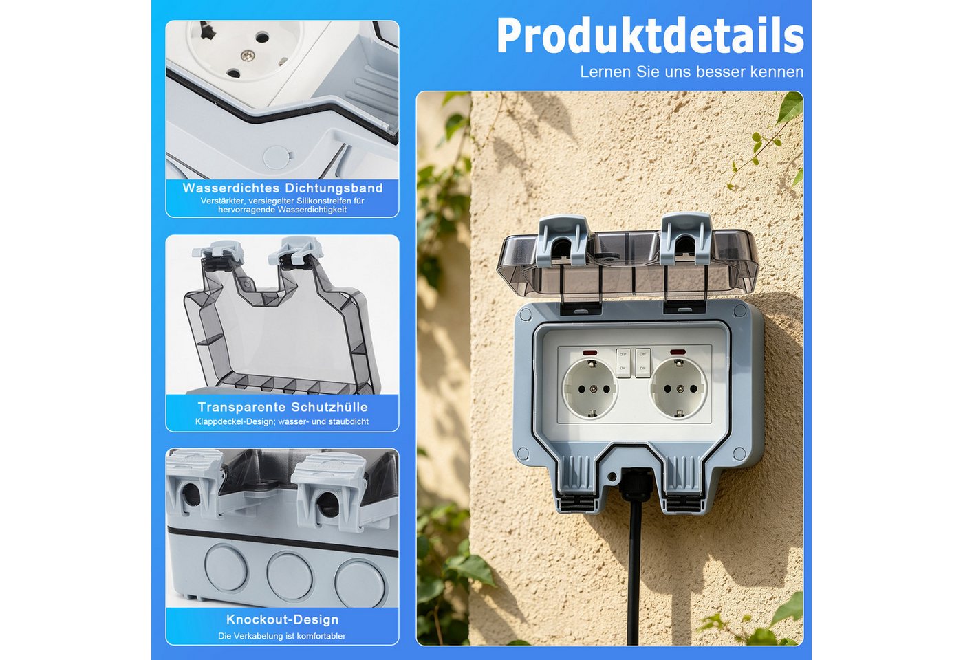 AKKEE Gartensteckdose Außensteckdose Steckdose Garten IP66 Wasserdicht Mit 3M Kabel, 2 Fach Outdoor 16A Gartensteckdose mit Klappdeckel Bild 5