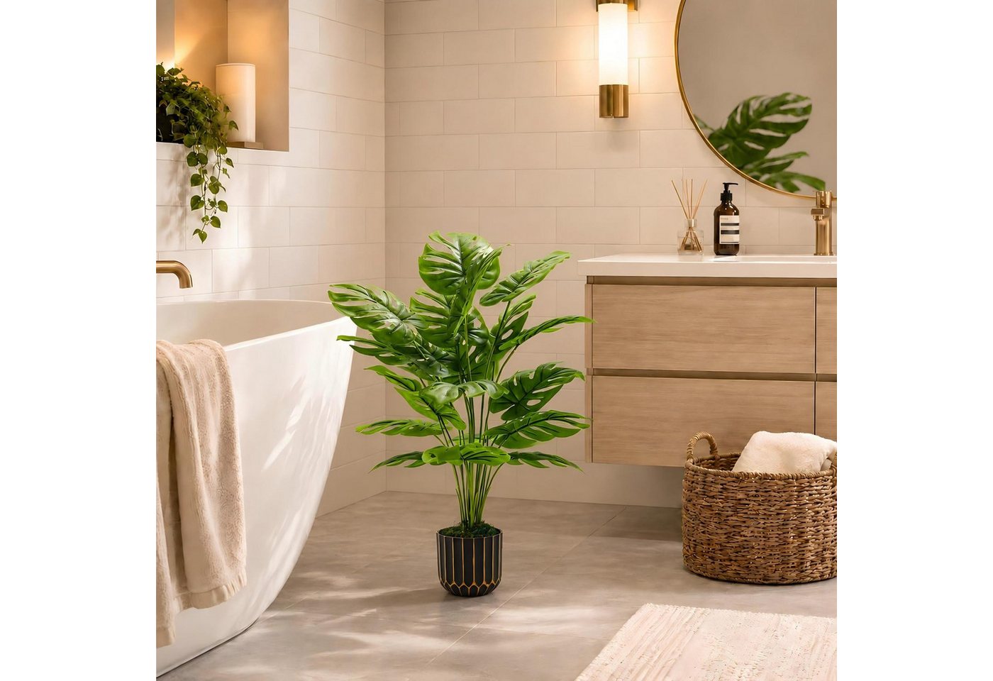 Kunstpflanze Kunstpflanze Monstera 71 cm, künstliche Zimmerpflanze mit Topf künstliche Monstera, künstliche Grünpflanze, realistische Deko Pflanze, künstliche Grünpflanze, Outdoor-Kunstpflanze, Regal Deko, Realistische Monstera-Optik, Pflegeleicht und geruchlos, flexibel anpassbar, DIY-Design, mit dekorativem Moos, UV-beständig, für Innen & Außen, Refined Living, Höhe 71 cm, für Wohnzimmer, Schlafzimmer, Büro, Badezimmer, Balkon, Terrasse