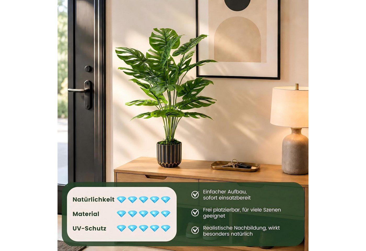 Kunstpflanze Kunstpflanze Monstera 71 cm, künstliche Zimmerpflanze mit Topf künstliche Monstera, künstliche Grünpflanze, realistische Deko Pflanze, künstliche Grünpflanze, Outdoor-Kunstpflanze, Regal Deko, Realistische Monstera-Optik, Pflegeleicht und geruchlos, flexibel anpassbar, DIY-Design, mit dekorativem Moos, UV-beständig, für Innen & Außen, Refined Living, Höhe 71 cm, für Wohnzimmer, Schlafzimmer, Büro, Badezimmer, Balkon, Terrasse Bild 2