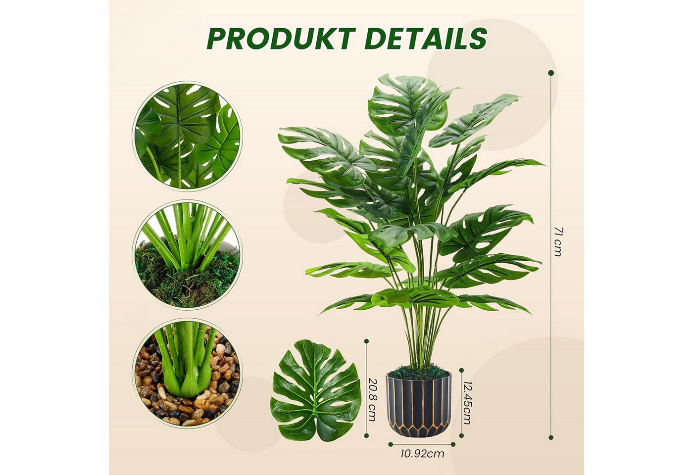 Kunstpflanze Kunstpflanze Monstera 71 cm, künstliche Zimmerpflanze mit Topf künstliche Monstera, künstliche Grünpflanze, realistische Deko Pflanze, künstliche Grünpflanze, Outdoor-Kunstpflanze, Regal Deko, Realistische Monstera-Optik, Pflegeleicht und geruchlos, flexibel anpassbar, DIY-Design, mit dekorativem Moos, UV-beständig, für Innen & Außen, Refined Living, Höhe 71 cm, für Wohnzimmer, Schlafzimmer, Büro, Badezimmer, Balkon, Terrasse Bild 4