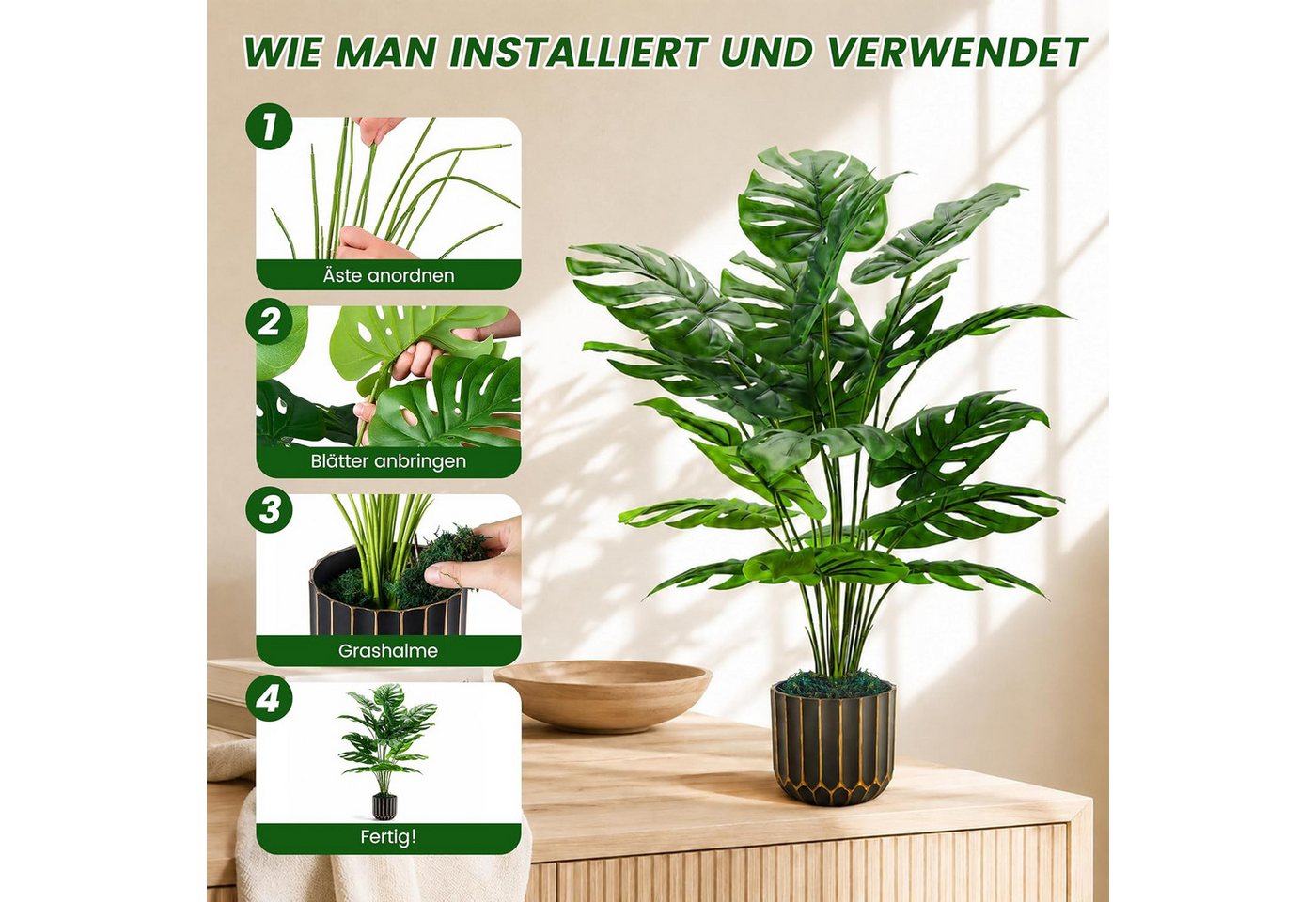 Kunstpflanze Kunstpflanze Monstera 71 cm, künstliche Zimmerpflanze mit Topf künstliche Monstera, künstliche Grünpflanze, realistische Deko Pflanze, künstliche Grünpflanze, Outdoor-Kunstpflanze, Regal Deko, Realistische Monstera-Optik, Pflegeleicht und geruchlos, flexibel anpassbar, DIY-Design, mit dekorativem Moos, UV-beständig, für Innen & Außen, Refined Living, Höhe 71 cm, für Wohnzimmer, Schlafzimmer, Büro, Badezimmer, Balkon, Terrasse Bild 5
