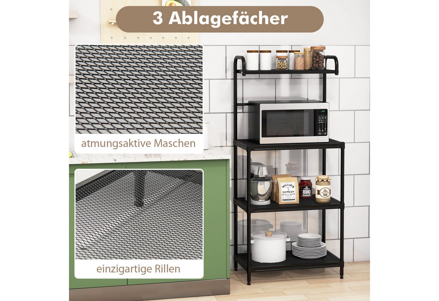 COSTWAY Küchenregal, mit verstellbaren Regalböden, Metall, 60x34,5x136cm