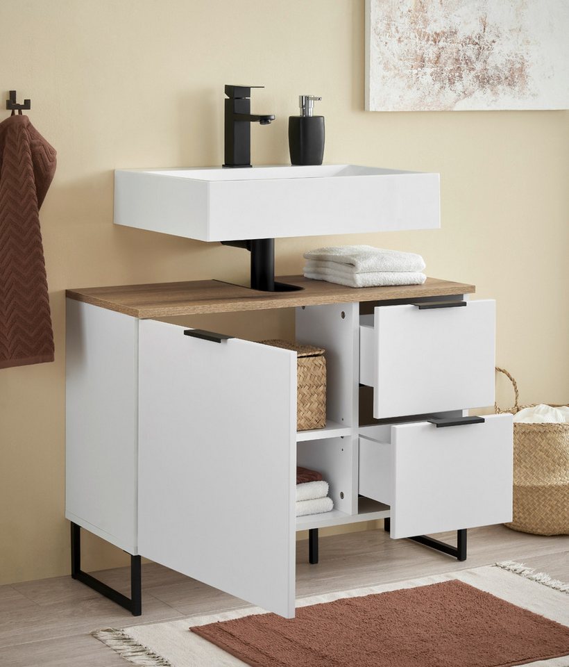 moebel-dich-auf Waschbeckenunterschrank Aspen 80 80 x 60 x 35 cm, Schwarz matt oder Weiß matt, Oberboden: Evoke Eiche Bild 2