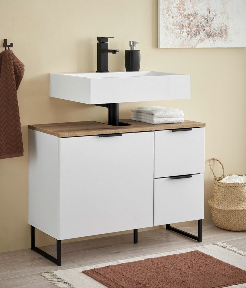 moebel-dich-auf Waschbeckenunterschrank Aspen 80 80 x 60 x 35 cm, Schwarz matt oder Weiß matt, Oberboden: Evoke Eiche Bild 4