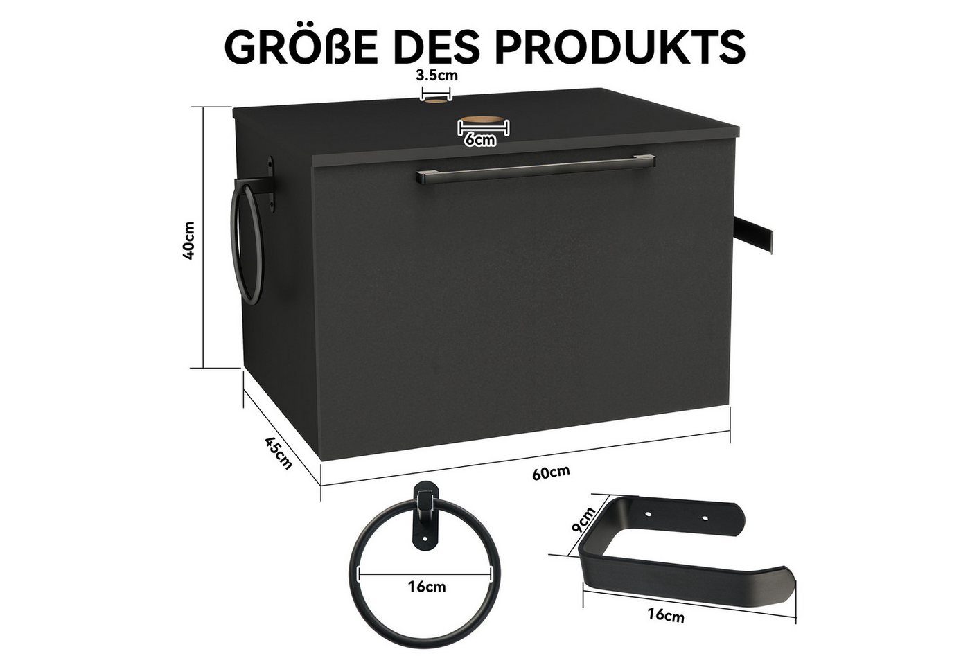 Puluomis Waschbeckenunterschrank 60cm mit 1 Handtuchring 1 Klopapierhalter ohne Spiegel (Set, Unterrschrank/ Wandschrank, Unterschrank, Waschbecken Set) Schwarz, Braun