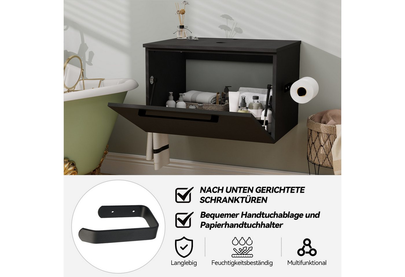 Puluomis Waschbeckenunterschrank 60cm mit 1 Handtuchring 1 Klopapierhalter ohne Spiegel (Set, Unterrschrank/ Wandschrank, Unterschrank, Waschbecken Set) Schwarz, Braun Bild 2