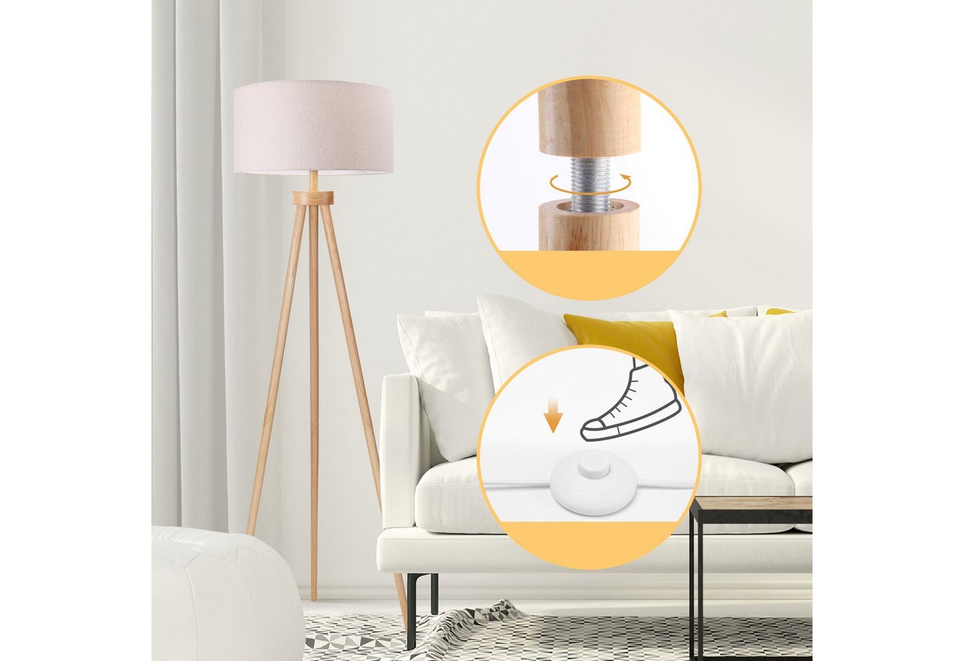 Aigostar LED Stehlampe Vintage mit Leinenschirm Lampenschirm und Fußschalter,143 cm Höhe Bild 3