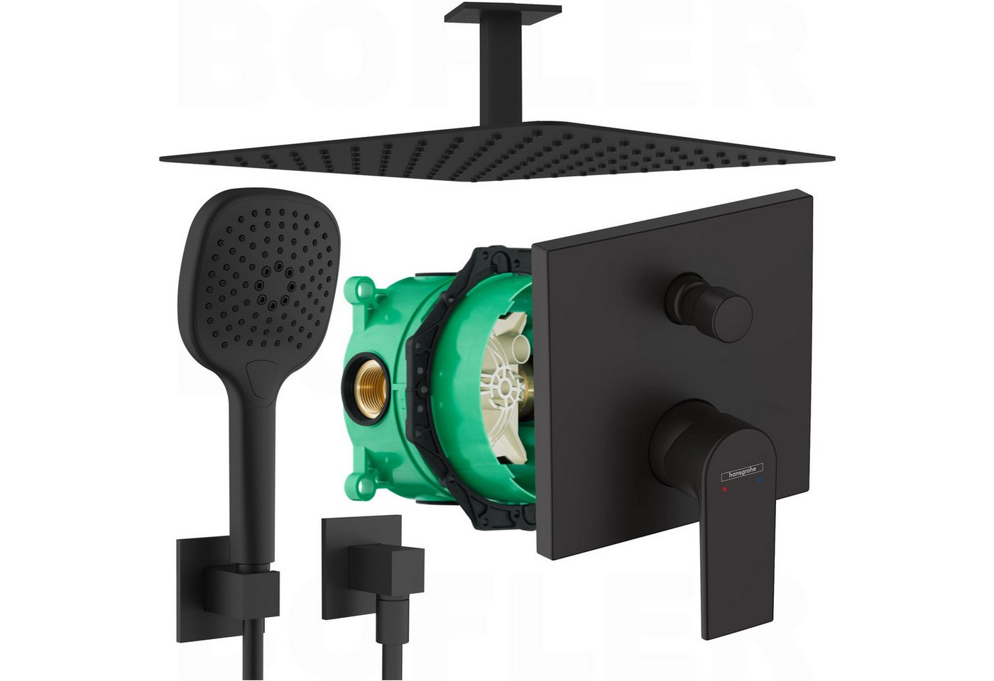 Hansgrohe und Bofler Duscharmatur Hansgrohe "VERNIS SHAPE" Unterputz Armatur mit Umsteller (inkl. IBOX Grundkörper, Unterputz Duschsystem, Duschanlage, Duschset, inkl. BOFLER Duschset #73, Brauseset, Regendusche 30cm, Deckenarm) matt schwarz, Wassersparende Regendusche, Deckenanschluss Bild 5