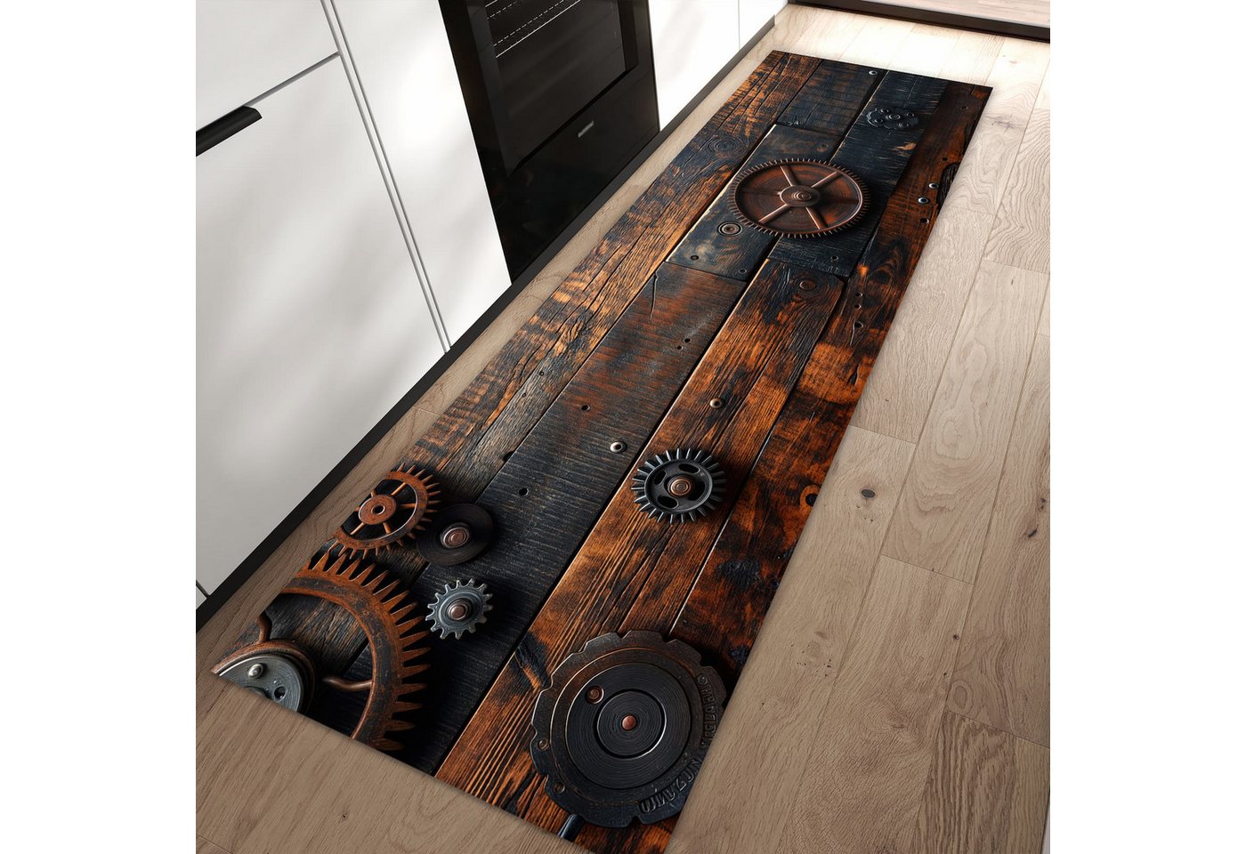 Primedeco Teppich Küchenteppich Holz und Zahnräder PVC rutschfest abwaschbar Läufer, Rechteckig, Höhe: 3 mm, Pflegeleicht & Wasserabweisend Bild 5
