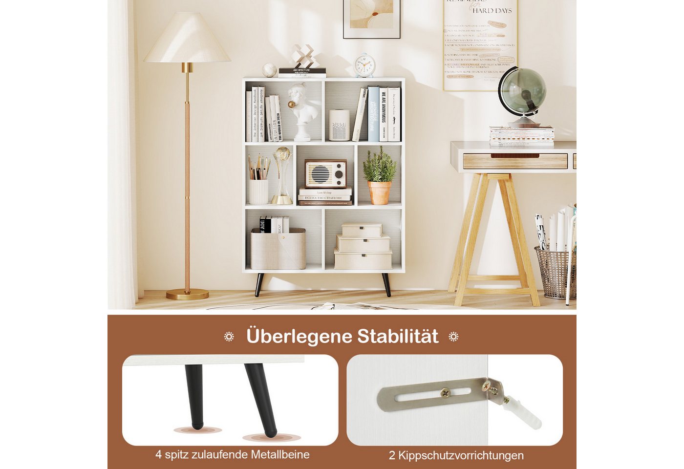 KOMFOTTEU Bücherregal, Standregal mit 7/8/10 Fächern, Metallbeinen und Kippschutzvorrichtung Bild 2