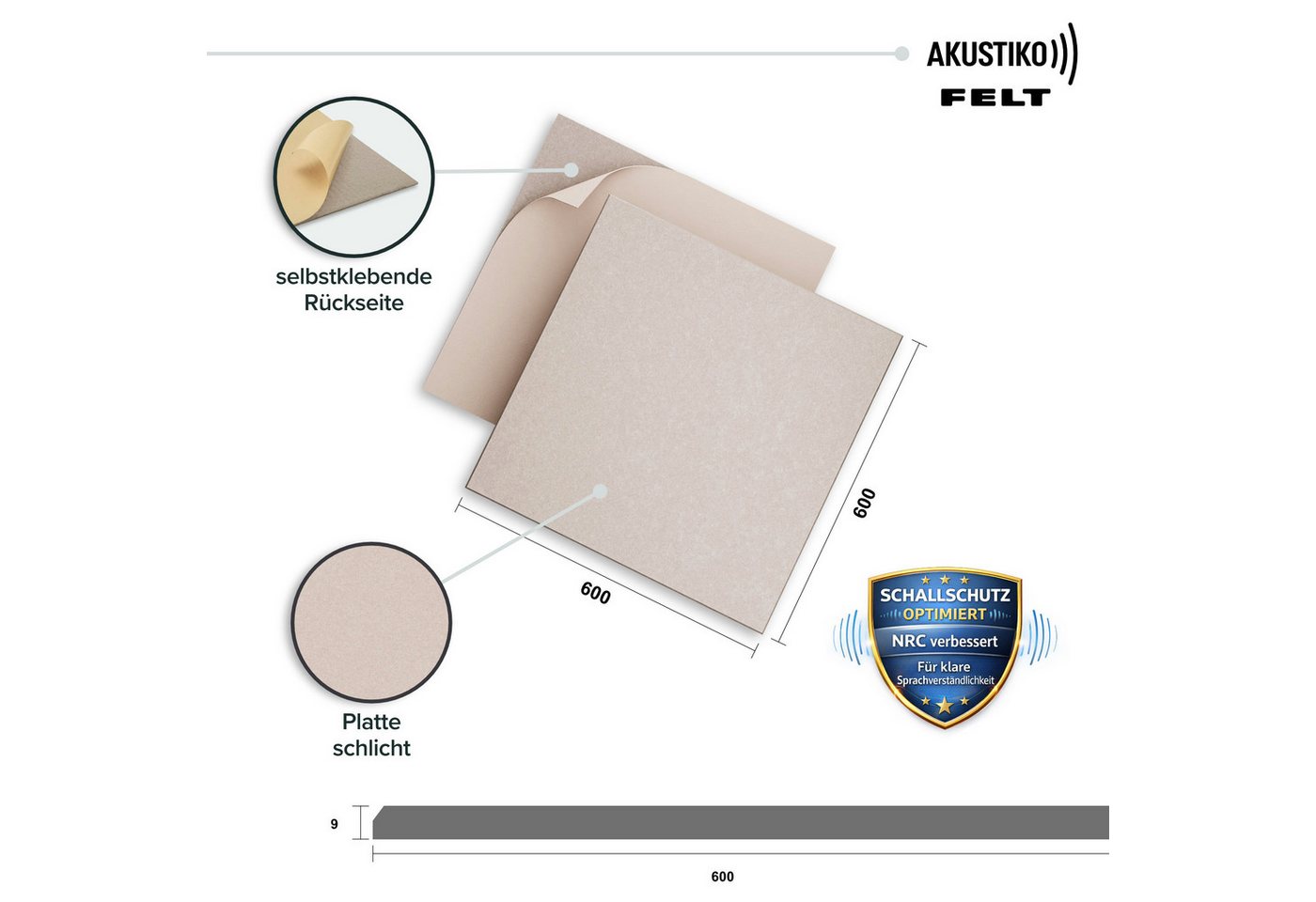 AKUSTIKO Schallschutzpaneel, BxL: 60x60 cm, (Selbstklebend 60x60cm - 4 Stück Beige Akustik Wandpaneele Schallschutz & Raumakustik Panels Filz 9mm Hexim Decken- & Wandverkleidung Raumklang Verbesserung (1.44m)