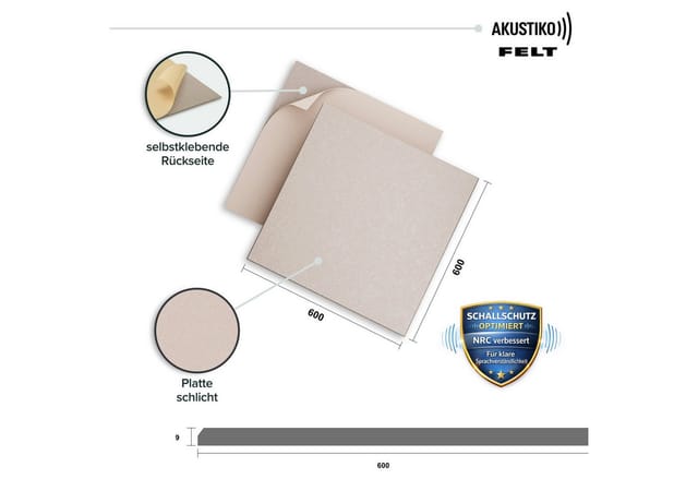 AKUSTIKO Schallschutzpaneel, BxL: 60x60 cm, (Selbstklebend 60x60cm - 4 Stück Beige Akustik Wandpaneele Schallschutz & Raumakustik Panels Filz 9mm Hexim Decken- & Wandverkleidung Raumklang Verbesserung (1.44m)