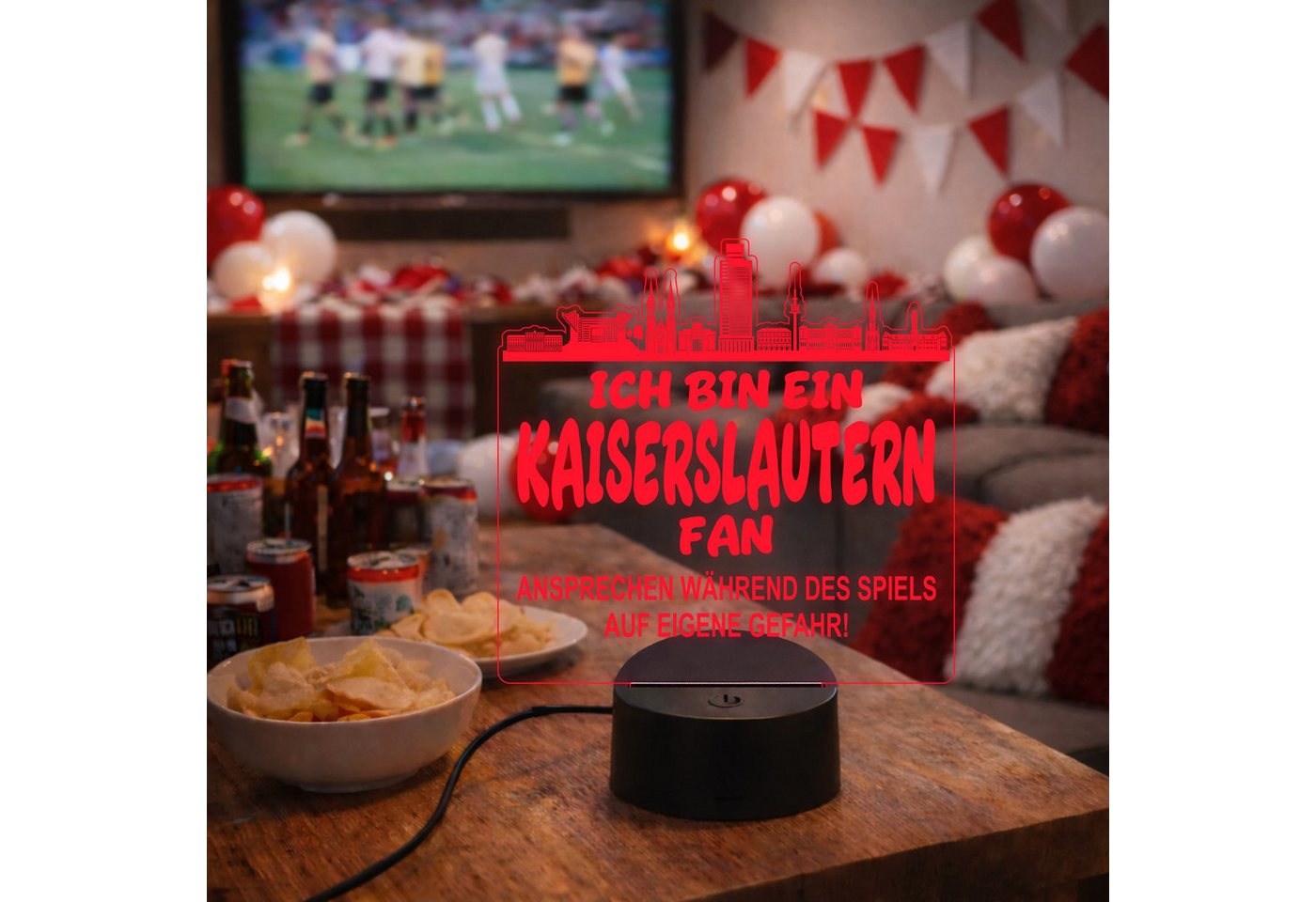 Lieblingsmensch LED Nachtlicht Fußball - Ich bin ein Kaiserslautern Fan - Ansprechen auf eigene Gefah, LED fest integriert, Farbwechsel oder feste Farbe mit Fernbedienung & Touch, Man Cave Stimmungslicht – 19x23cm