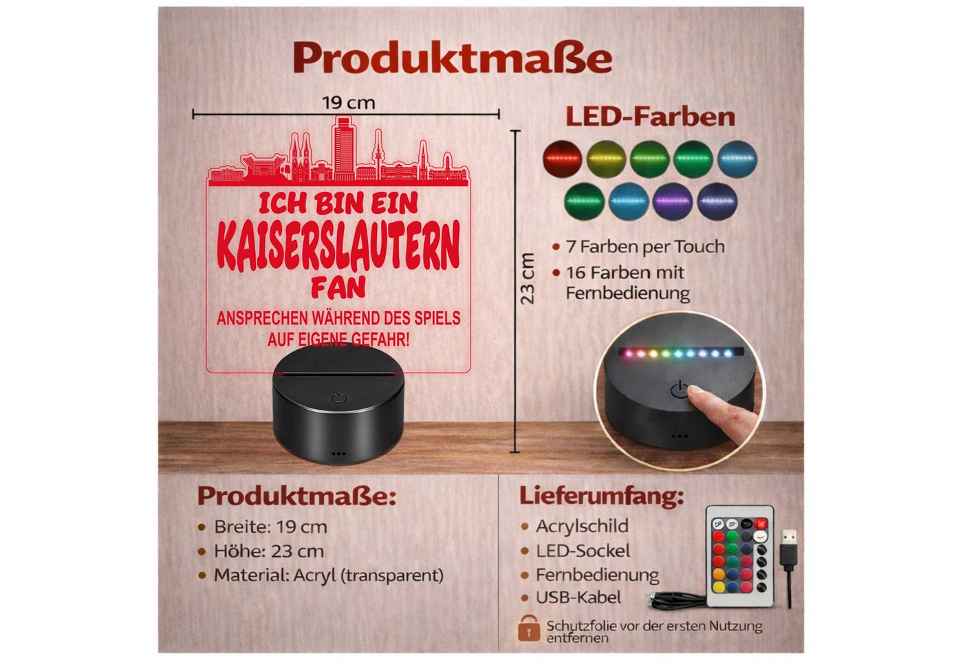 Lieblingsmensch LED Nachtlicht Fußball - Ich bin ein Kaiserslautern Fan - Ansprechen auf eigene Gefah, LED fest integriert, Farbwechsel oder feste Farbe mit Fernbedienung & Touch, Man Cave Stimmungslicht – 19x23cm Bild 4