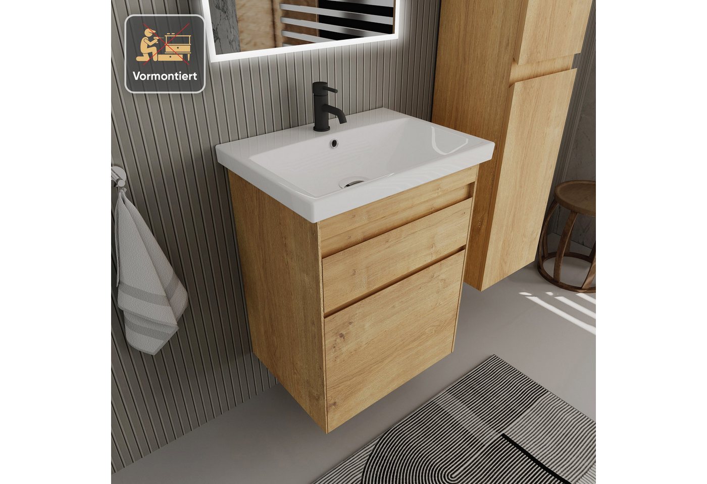 Alpenberger Badmöbel-Set Badezimmermöbel Set mit Waschbecken, Waschbeckenunterschrank hängend, (Badmöbel Set Holz, Waschtisch mit Waschbecken Hängend), Gäste WC Waschbecken mit Unterschrank 60cm